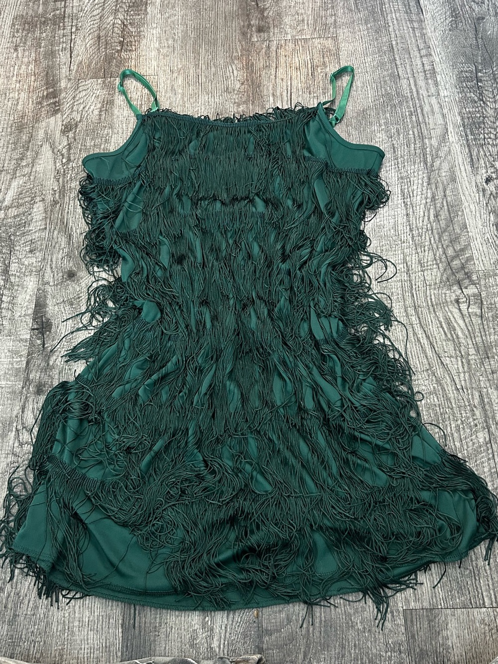 Emerald Fringe Mini Dress with Spaghetti Straps